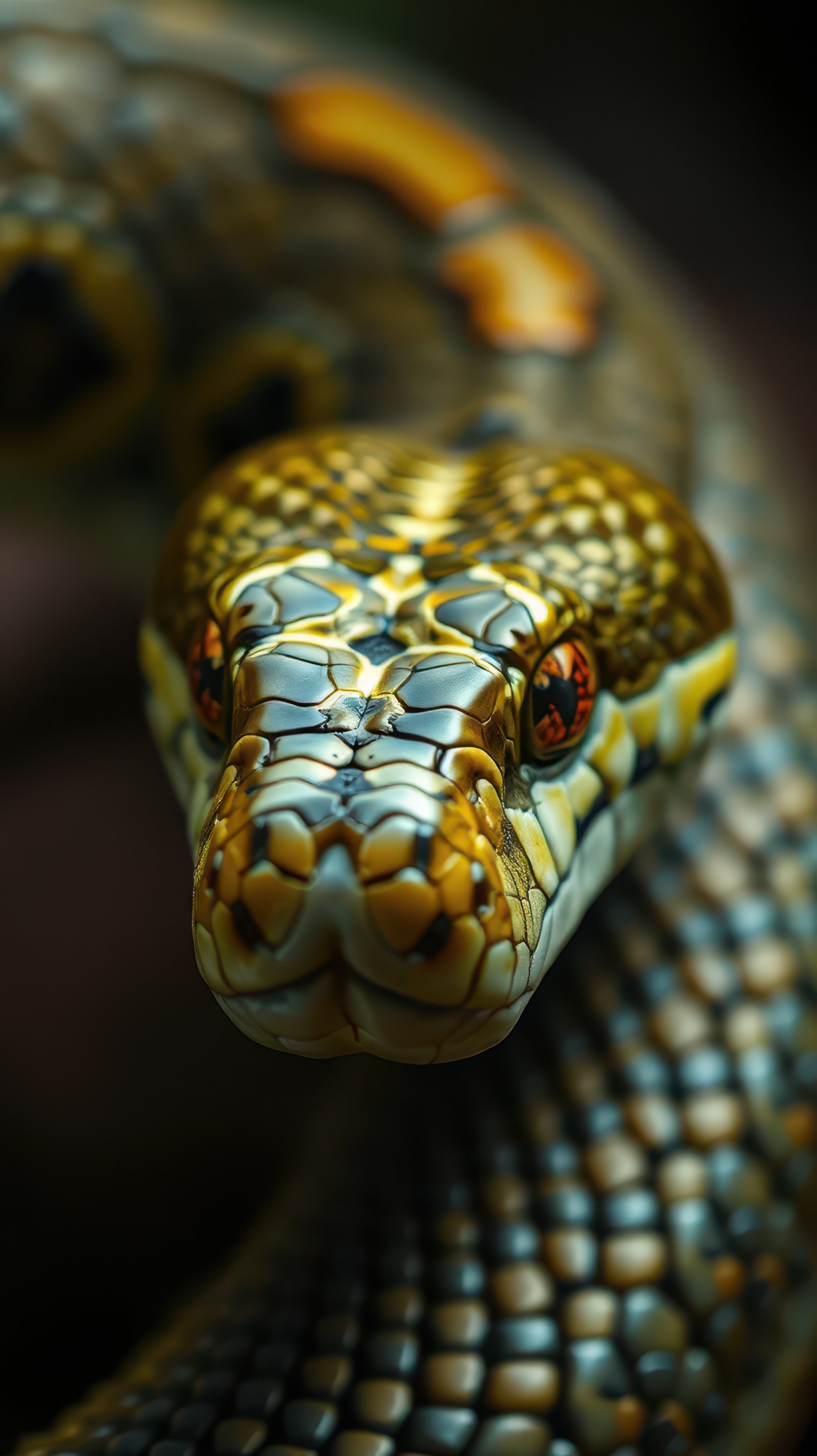 Close-up view of a vividly patterned snake showcasing its unique scales and intricate markings in a natural habitat